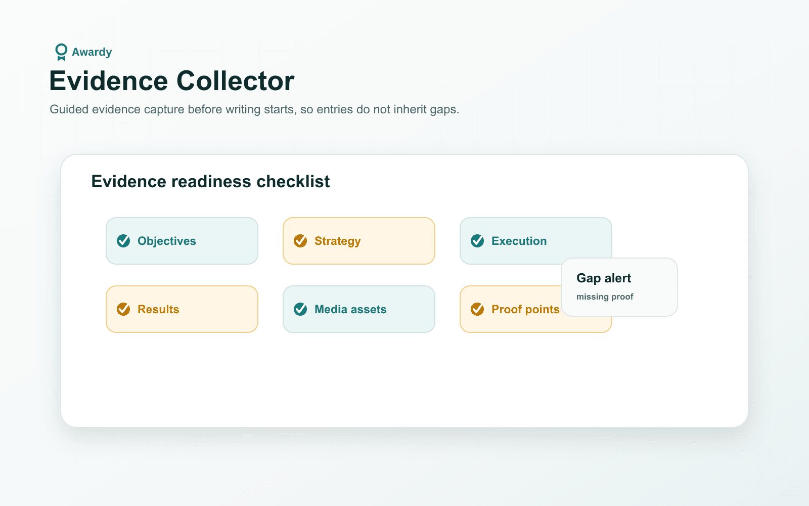 Evidence Collector checklist for campaign objectives, strategy, execution, results, media assets, and proof points.